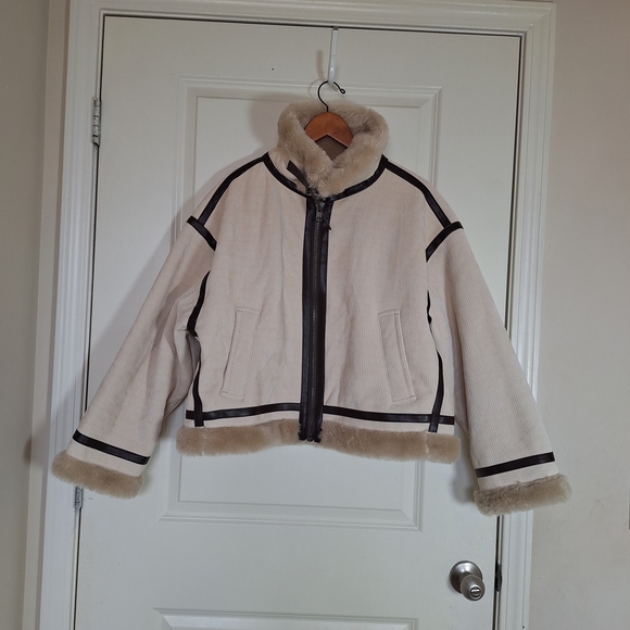 American Eagle Corduroy Aviator Jacket Sherpa Lined Cream Brown Trim Size L - Picture 3 of 9